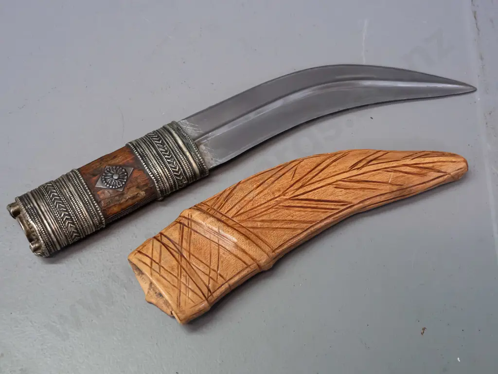ornate small Jambiya / dagger from Sadaa Yemen - timber handle with metal decoration, inset red stone, leather sheath Image 1++