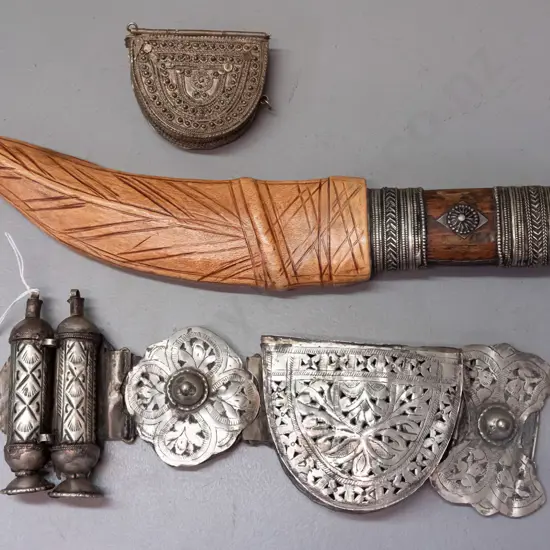 ornate small Jambiya / dagger from Sadaa Yemen - timber handle with metal decoration, inset red stone, leather sheath