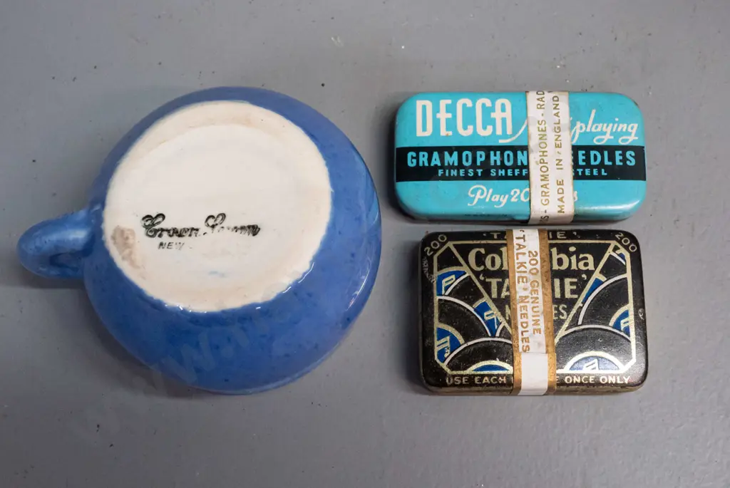 vintage Fun Ho racing car - marked 324, some paint loss - miniature Crown Lynn cup & 2 sealed tins of gramophone needles Image 1++