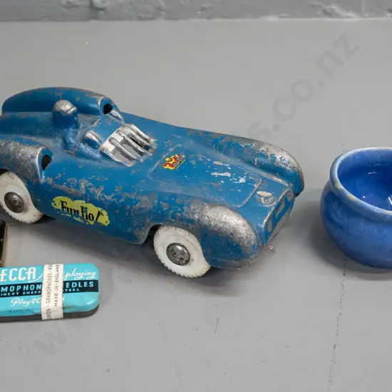 vintage Fun Ho racing car - marked 324, some paint loss - miniature Crown Lynn cup & 2 sealed tins of gramophone needles