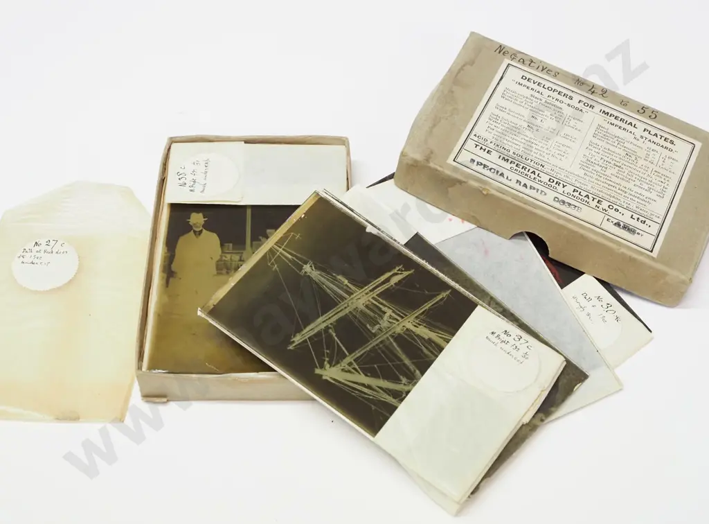 box of vintage glass plate negatives - half plate size, unknown photographer - SY Aurora, NZ Field Artillery group, Port Image 1++