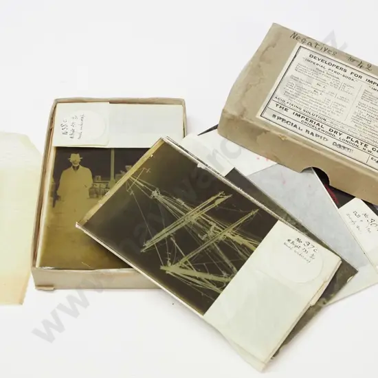 box of vintage glass plate negatives - half plate size, unknown photographer - SY Aurora, NZ Field Artillery group, Port