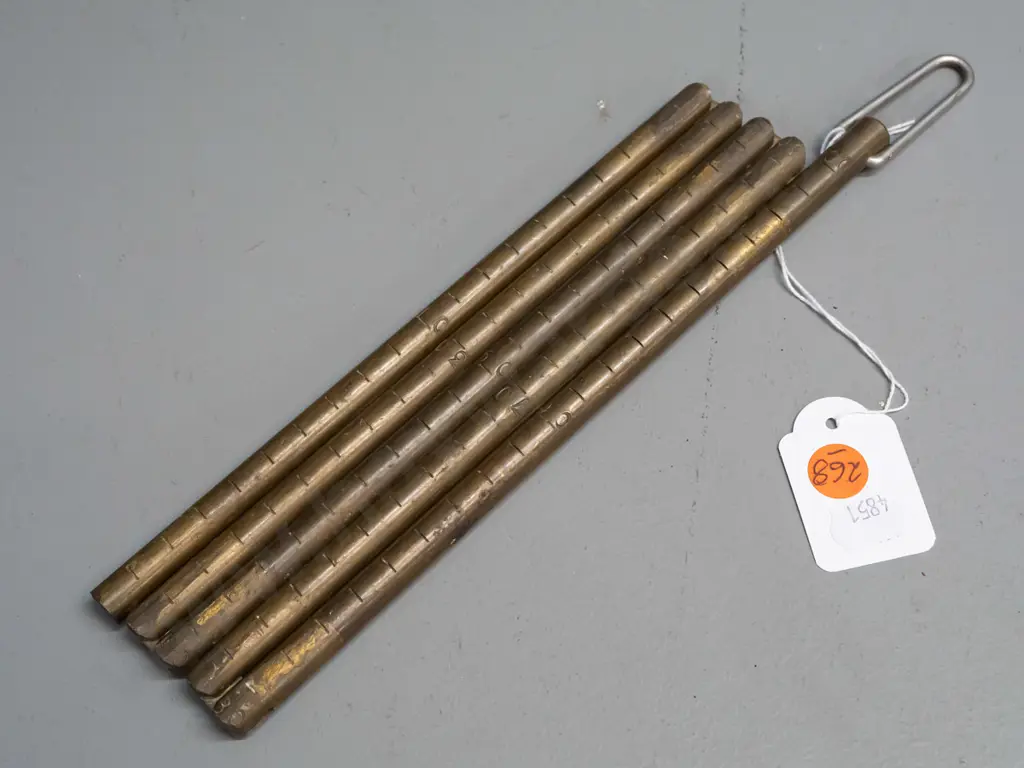 brass hinged 5-section ship's fuel measuring stick with engraved measurements L-200 folder, L-1070 extended Image 1++