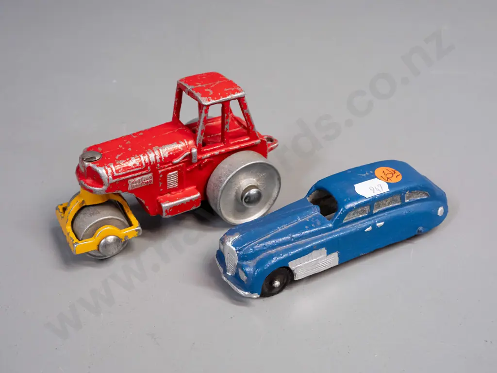 2 small cast metal toy vehicles - road roller marked 413 and symbol that looks like "AB" and a vintage car with black Image 1++