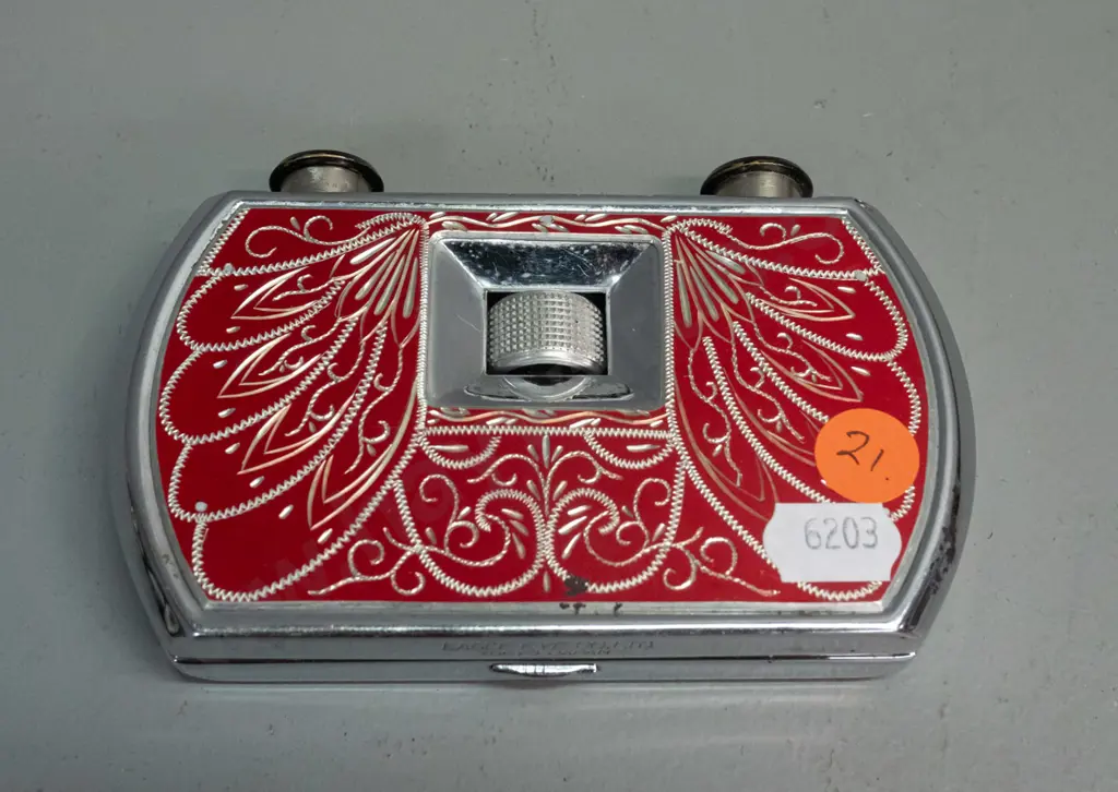 retro "Eagle Eye" chrome and enamel clamshell opera glasses - made in Japan. W-120 D-70 Image 1++