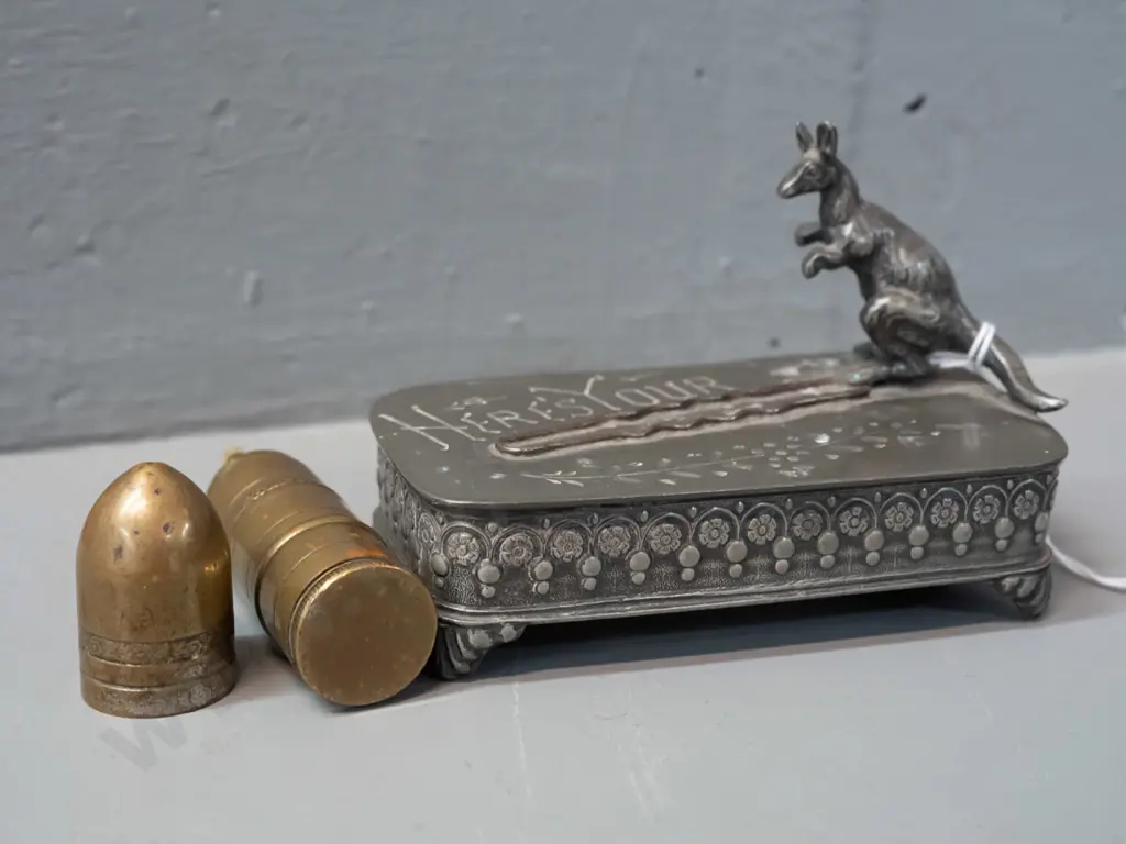 vintage cast metal kangaroo-motif hair pin holder with hinged lid & a small cigarette lighter (made from shell casing?) Image 1++
