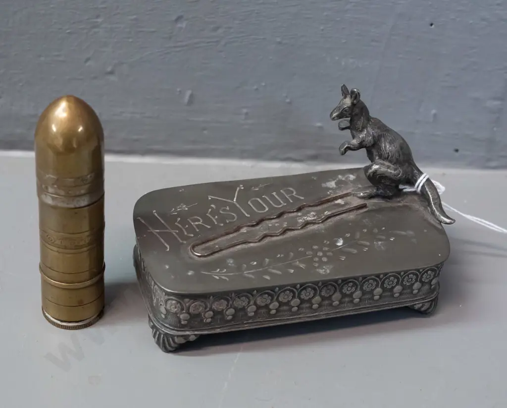 vintage cast metal kangaroo-motif hair pin holder with hinged lid & a small cigarette lighter (made from shell casing?) Image 1++