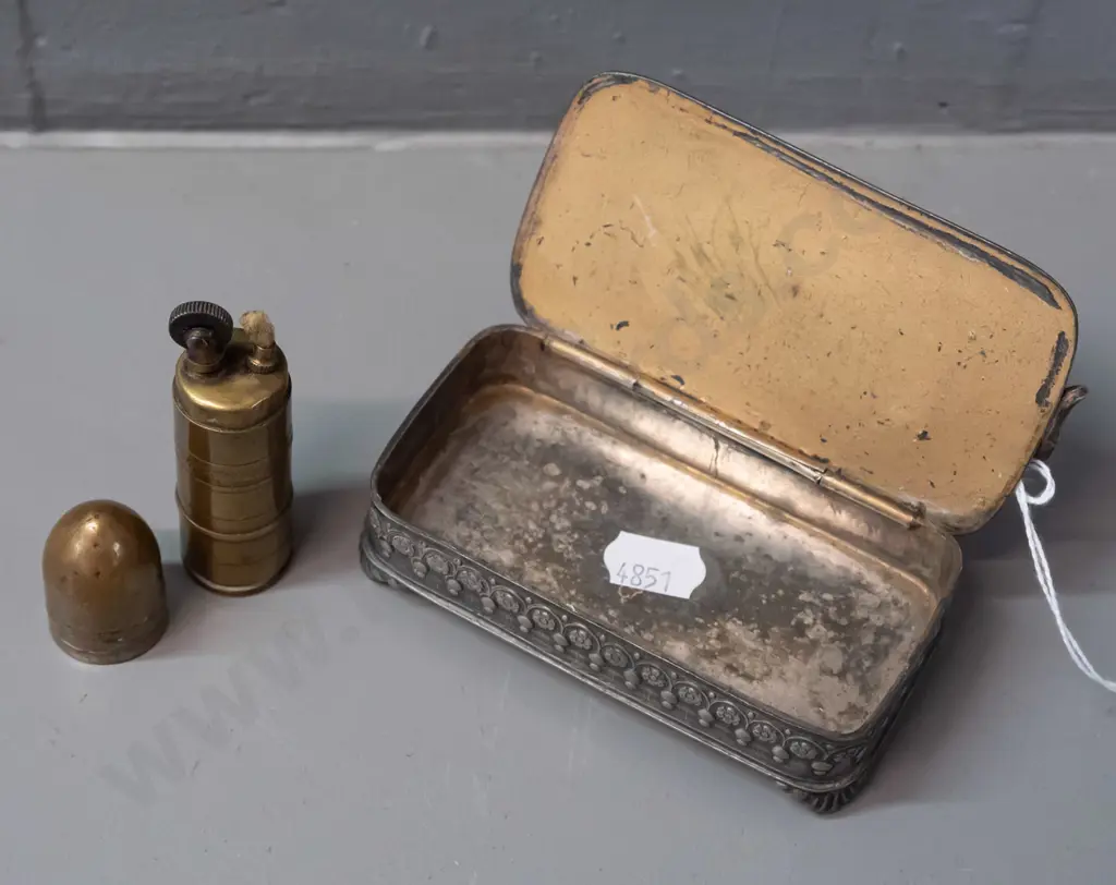 vintage cast metal kangaroo-motif hair pin holder with hinged lid & a small cigarette lighter (made from shell casing?) Image 1++