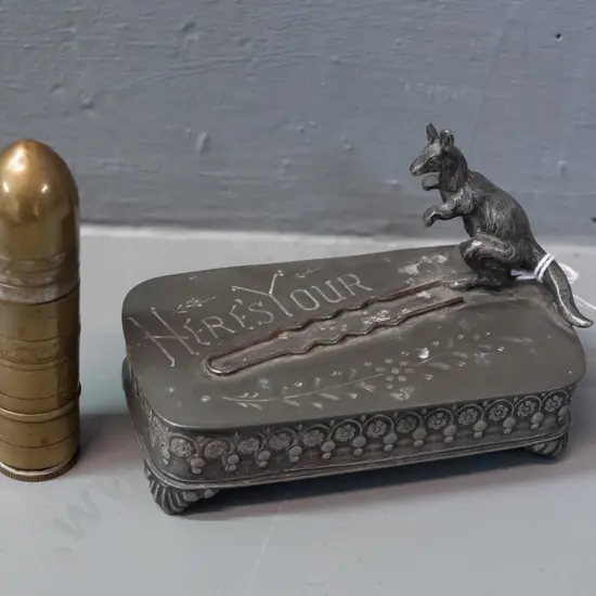 vintage cast metal kangaroo-motif hair pin holder with hinged lid & a small cigarette lighter (made from shell casing?)