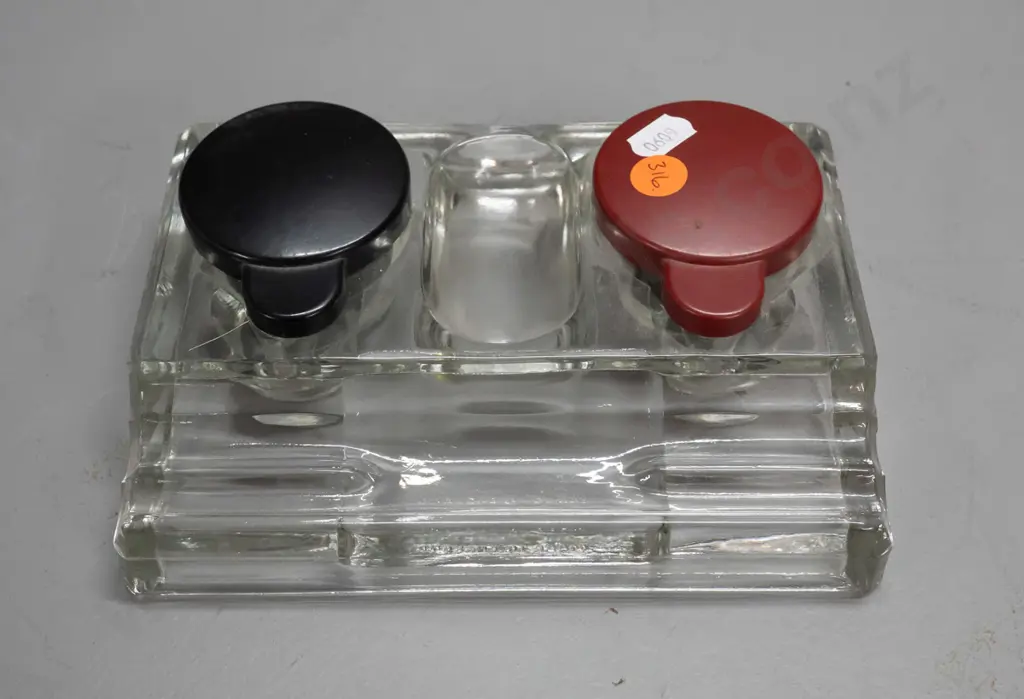 vintage moulded glass dual inkwell & pen stand with bakelite lids H-35 W-175 D-125 Image 1++