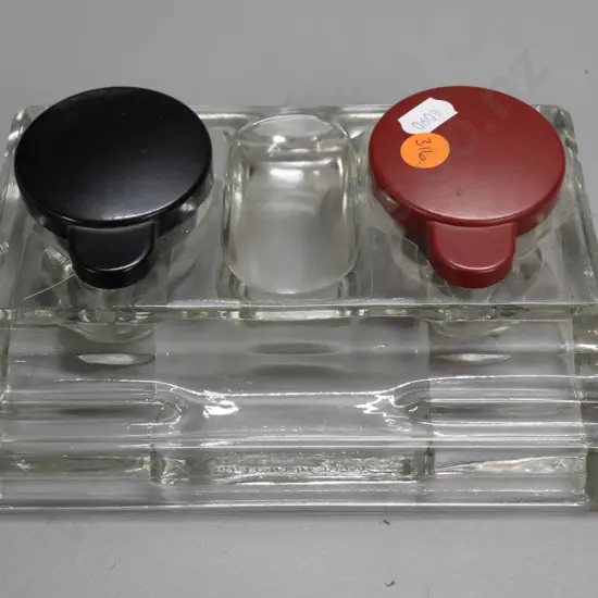 vintage moulded glass dual inkwell & pen stand with bakelite lids H-35 W-175 D-125