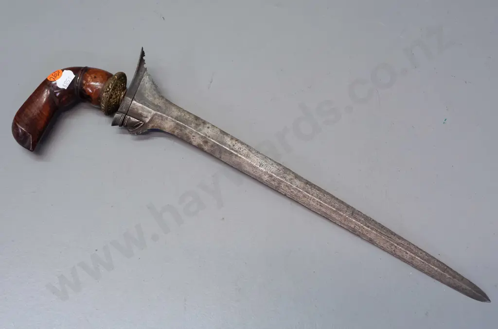 Indonesian Aceh kris with wooden handle, ornate circular brass hilt, intricately detailed shaping to hilt end of blade, Image 1++
