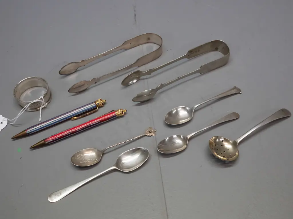 assorted silver and plated items - sterling silver napkin ring, sugar tongs, and 2 teaspoons, plated items and 2 1953 Image 1++