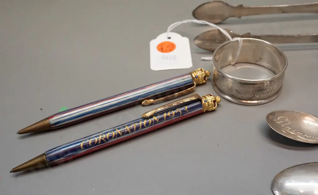 assorted silver and plated items - sterling silver napkin ring, sugar tongs, and 2 teaspoons, plated items and 2 1953 Image 1++