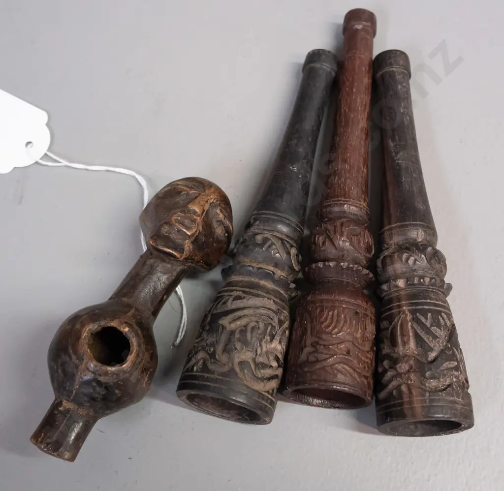 5 smoking pipes - 3 carved wood from Afghanistan, Meerschaum clay and timber figural from Somalia L-180 and a small Image 1++