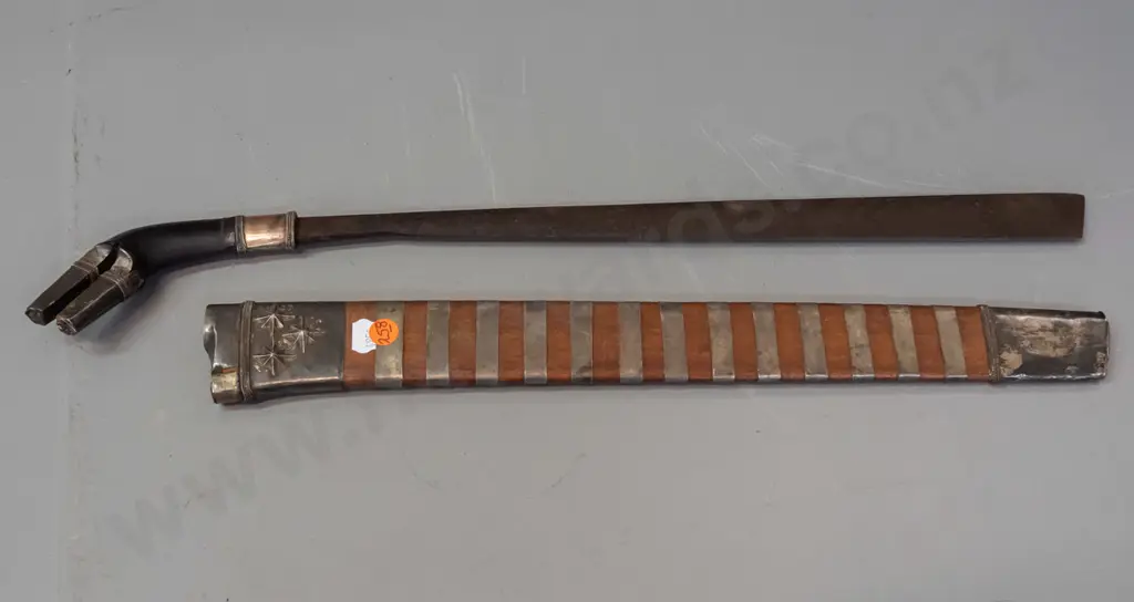 Sumatran single edged short blade sword with metal and ebony handle, wooden sheath with metal straps and banding. Some Image 1++