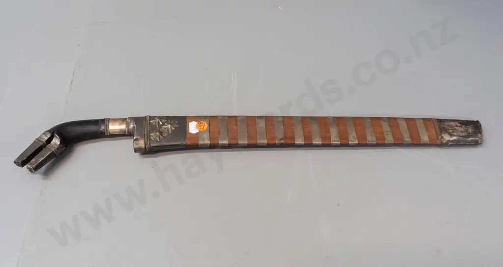 Sumatran single edged short blade sword with metal and ebony handle, wooden sheath with metal straps and banding. Some Image 1++