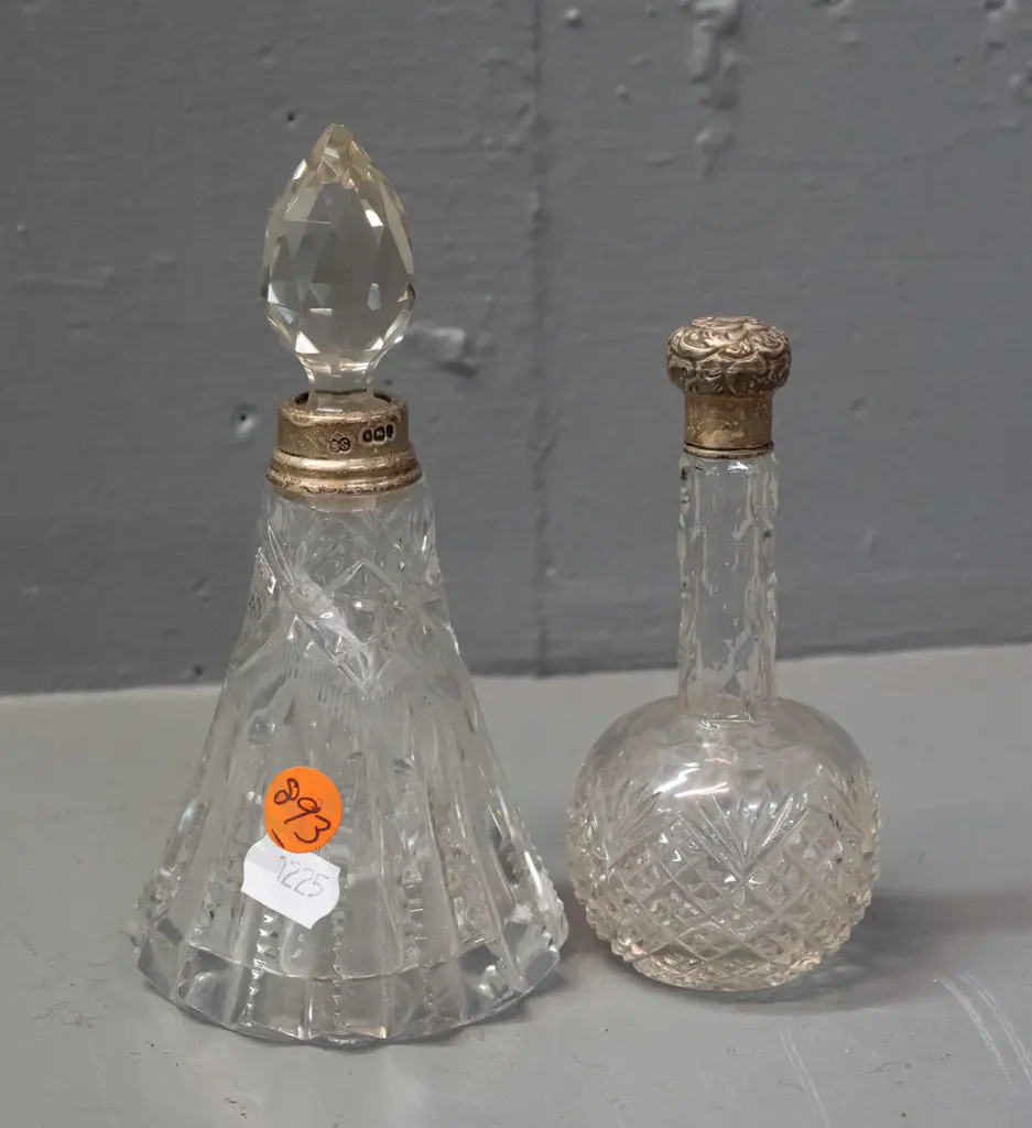2 cut glass scent bottles, one with sterling silver cap and collar, one with sterling collar H-150 Image 1++