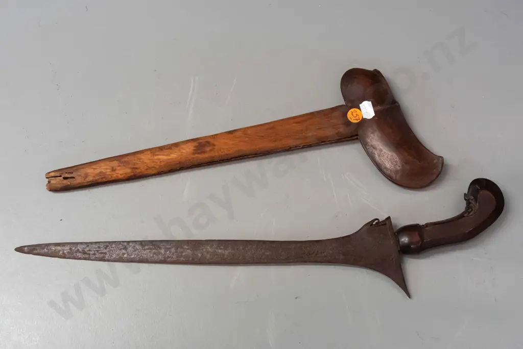 knife / kris from Aceh, Indonesia with carved wooden handle and wooden sheath - some corrosion to blade, split to sheath Image 1++