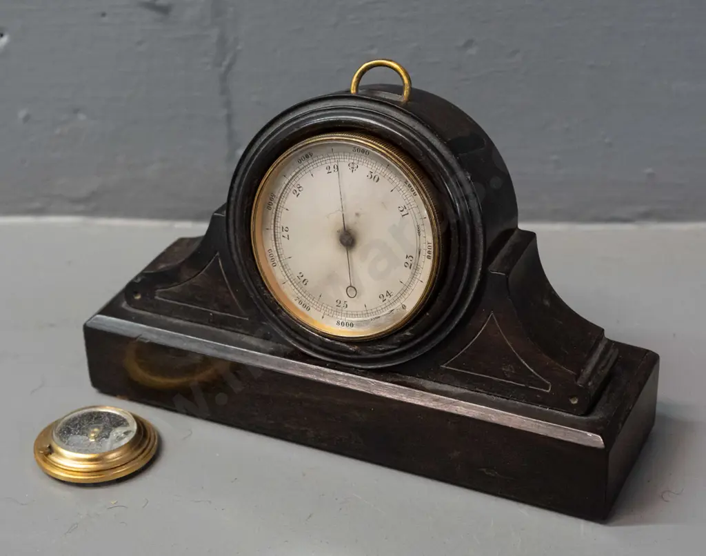 small brass cased pocket barometer with older timber pocket watch stand, has been modified to fit, some damage to Image 1++