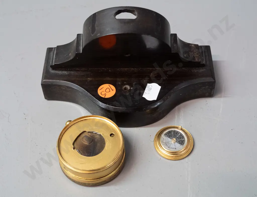 small brass cased pocket barometer with older timber pocket watch stand, has been modified to fit, some damage to Image 1++
