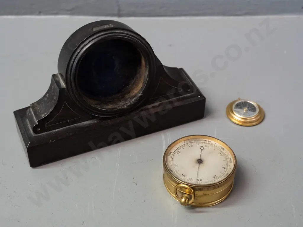 small brass cased pocket barometer with older timber pocket watch stand, has been modified to fit, some damage to Image 1++
