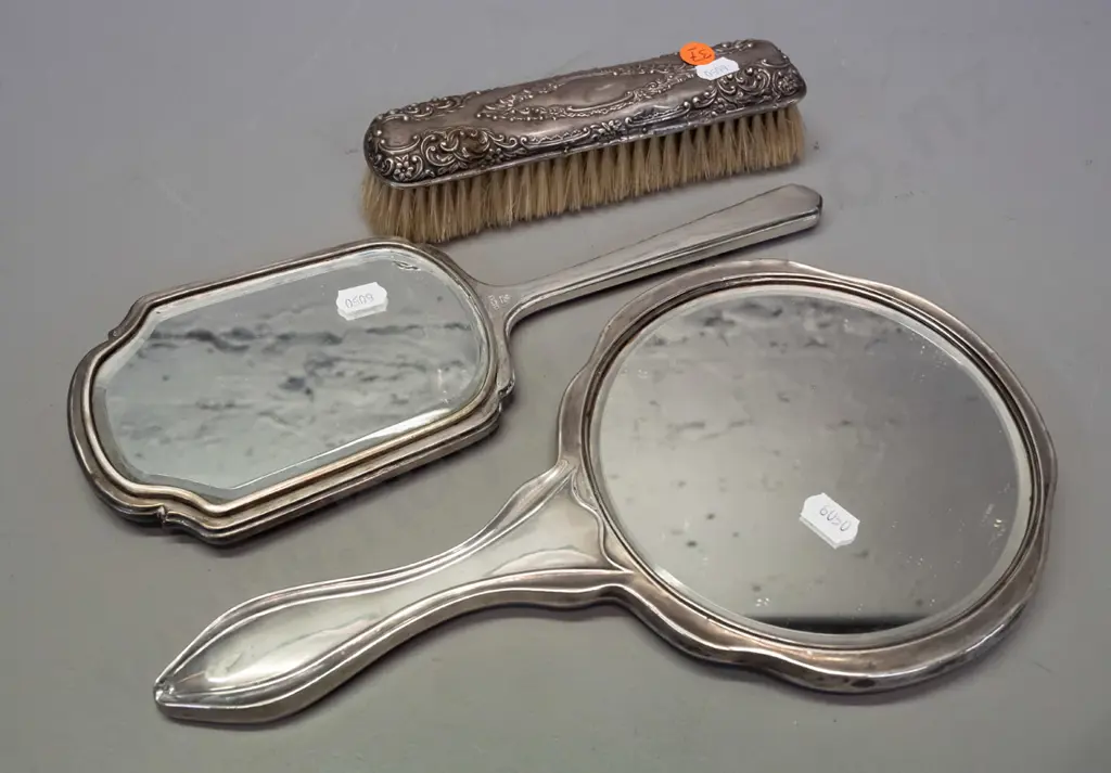 sterling silver backed dressing table ware, all hallmarked - 2 hand mirrors and a clothes brush. Some staining & Image 1++