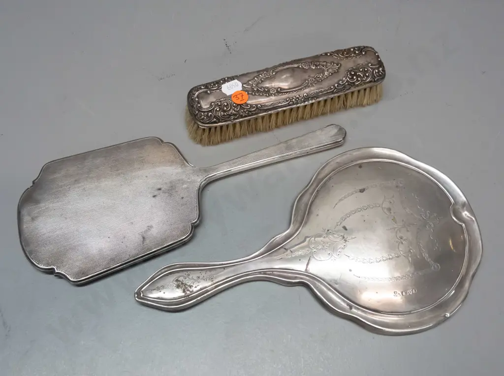 sterling silver backed dressing table ware, all hallmarked - 2 hand mirrors and a clothes brush. Some staining & Image 1++