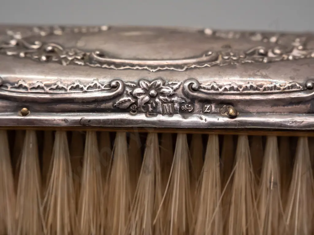 sterling silver backed dressing table ware, all hallmarked - 2 hand mirrors and a clothes brush. Some staining & Image 1++