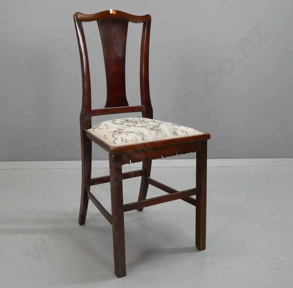 mahogany bedroom chair with figured back splat, square section legs, pressed decoration - a bit of wear to upholstered Image 1++