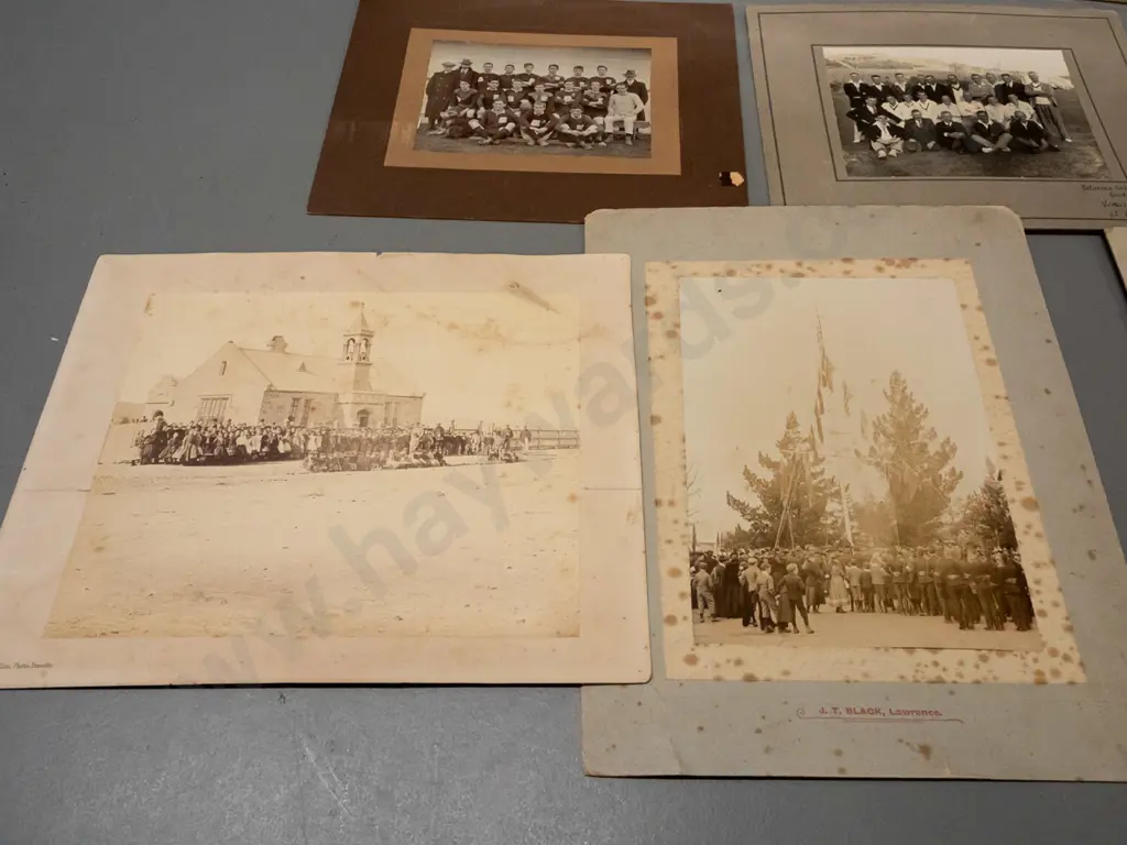 11 vintage NZ photos, some mounted on double sided cards, some loose - Lawrence & North Dunedin schools, sports team, Image 1++