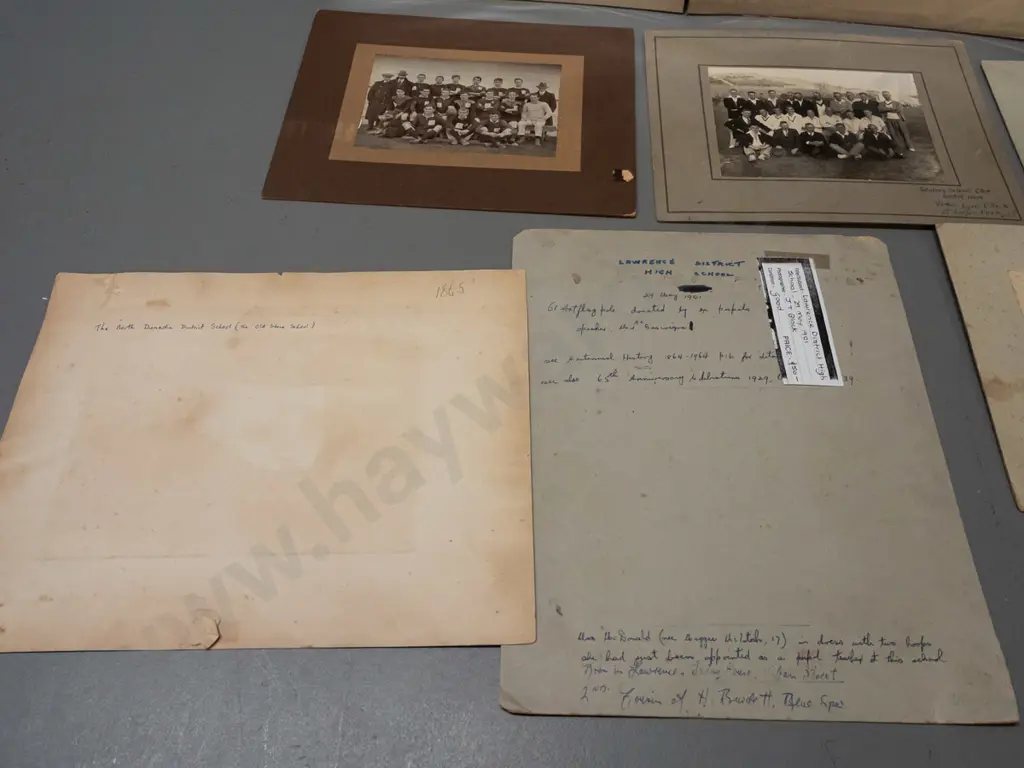 11 vintage NZ photos, some mounted on double sided cards, some loose - Lawrence & North Dunedin schools, sports team, Image 1++
