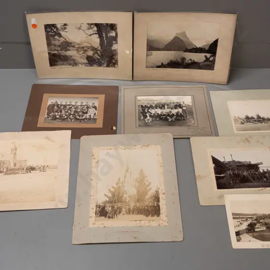 11 vintage NZ photos, some mounted on double sided cards, some loose - Lawrence & North Dunedin schools, sports team,