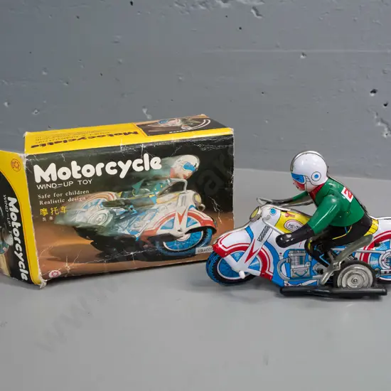 wind-up tin toy motorcycle with built-in winding keys H-130 L-190, with original box - made in China