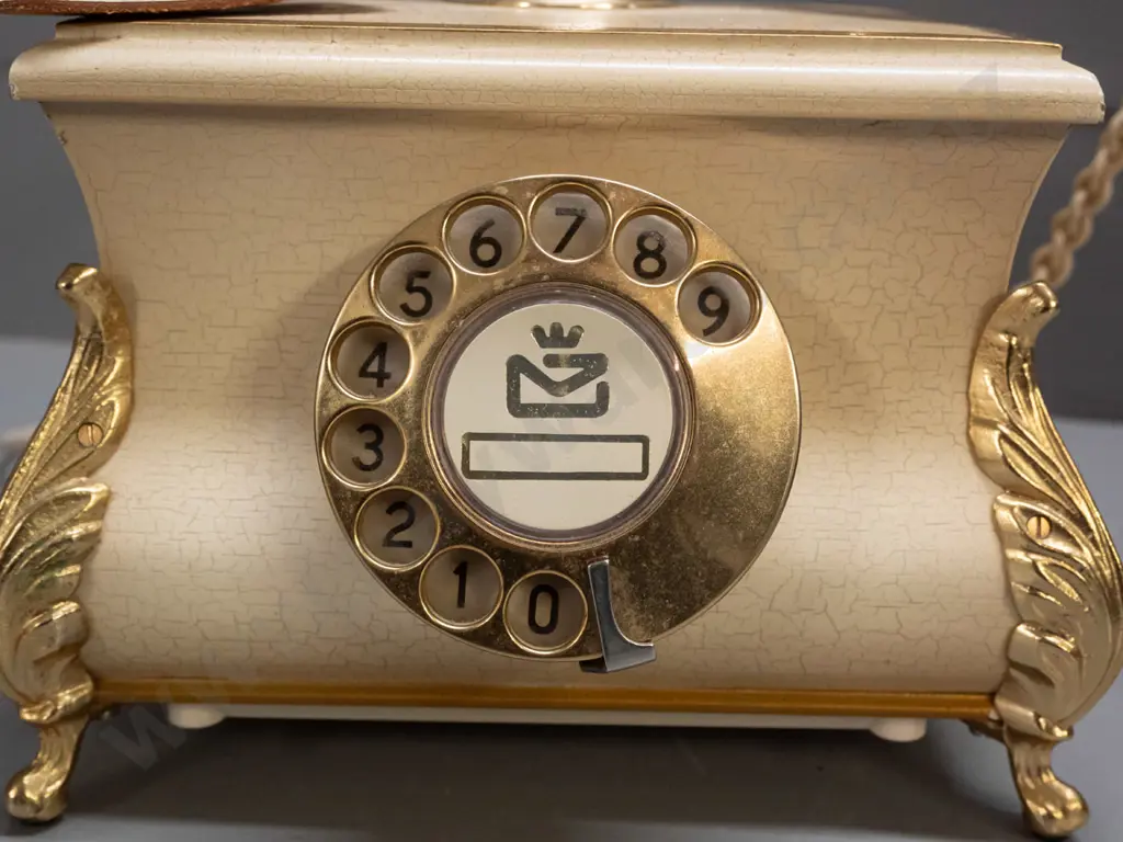 retro 1980s rotary dial telephone with brass finish metal, crackle-finish timber and floral transfers, cast metal feet - Image 1++