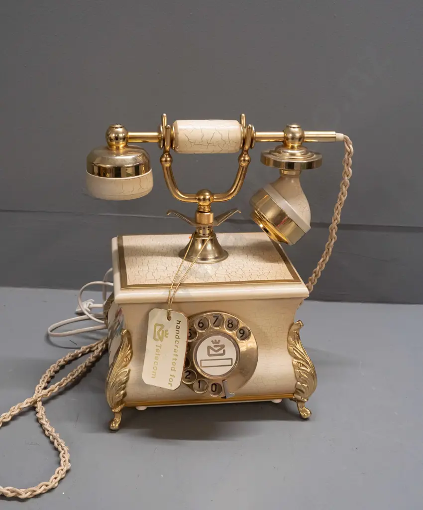 retro 1980s rotary dial telephone with brass finish metal, crackle-finish timber and floral transfers, cast metal feet - Image 1++