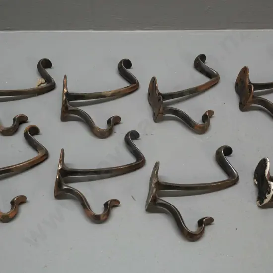 8 vintage cast metal copper finish double coat hooks - some wear and surface corrosion H-110 D-100