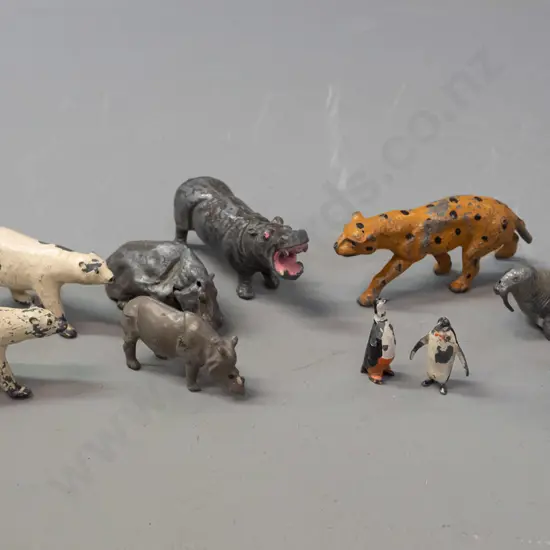 collection of lead toy animals - one marked Johillco. Overall chipping and wear to paint, some damage - hippo is