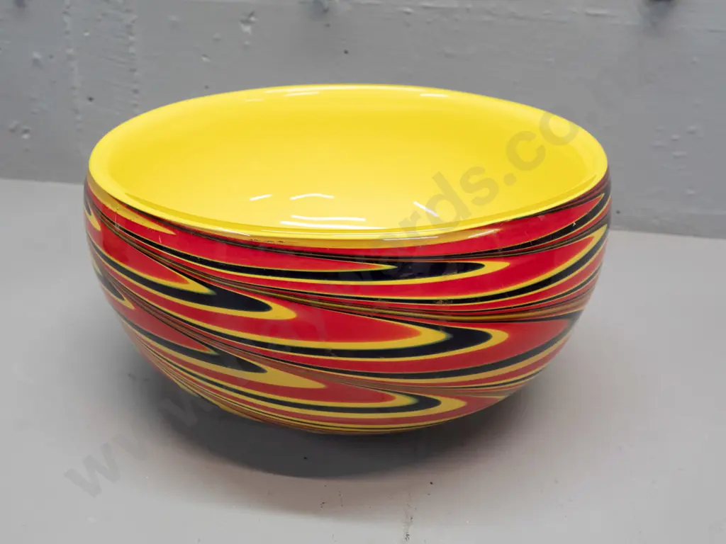large art glass bowl - yellow interior with red and black swirl, no maker's marks H-130 D-240 Image 1++