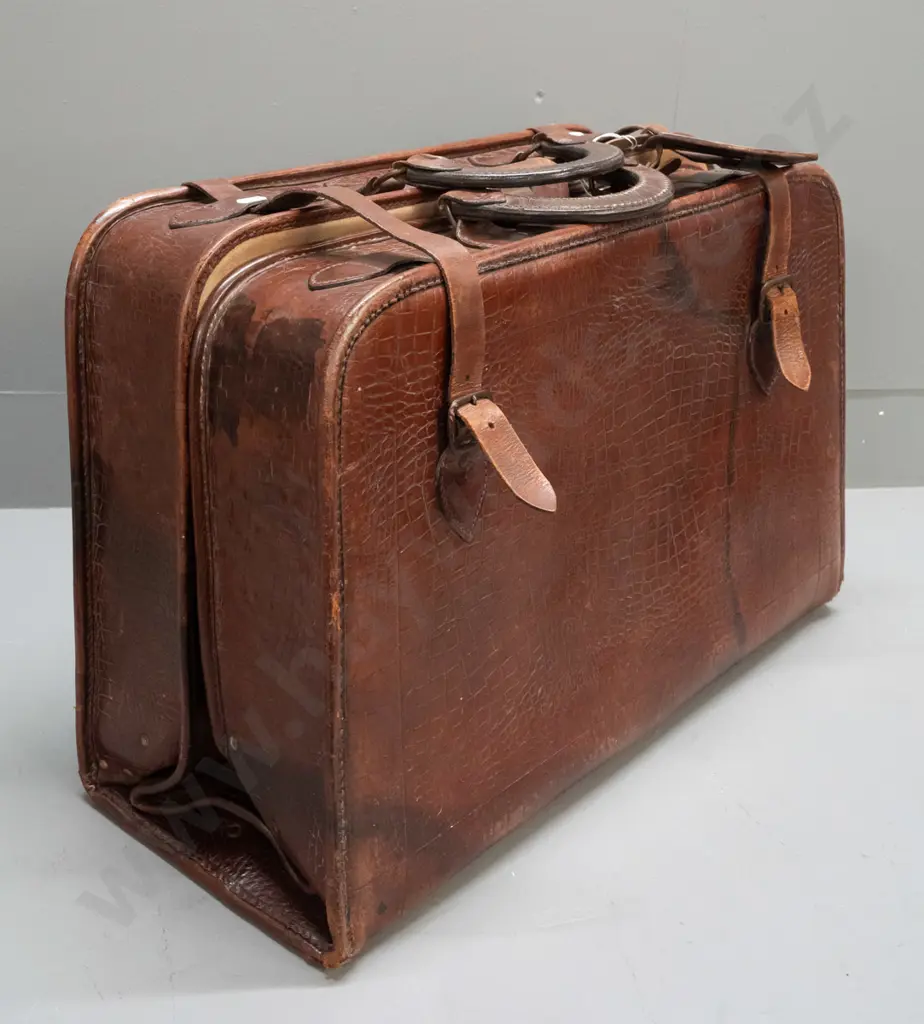 vintage leather suitcase with pressed crocodile skin patterning, canvas lined and fitted interior - some wear to outer Image 1++