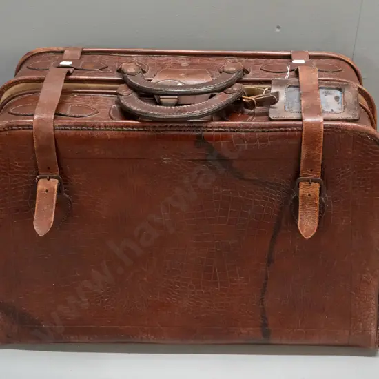 vintage leather suitcase with pressed crocodile skin patterning, canvas lined and fitted interior - some wear to outer