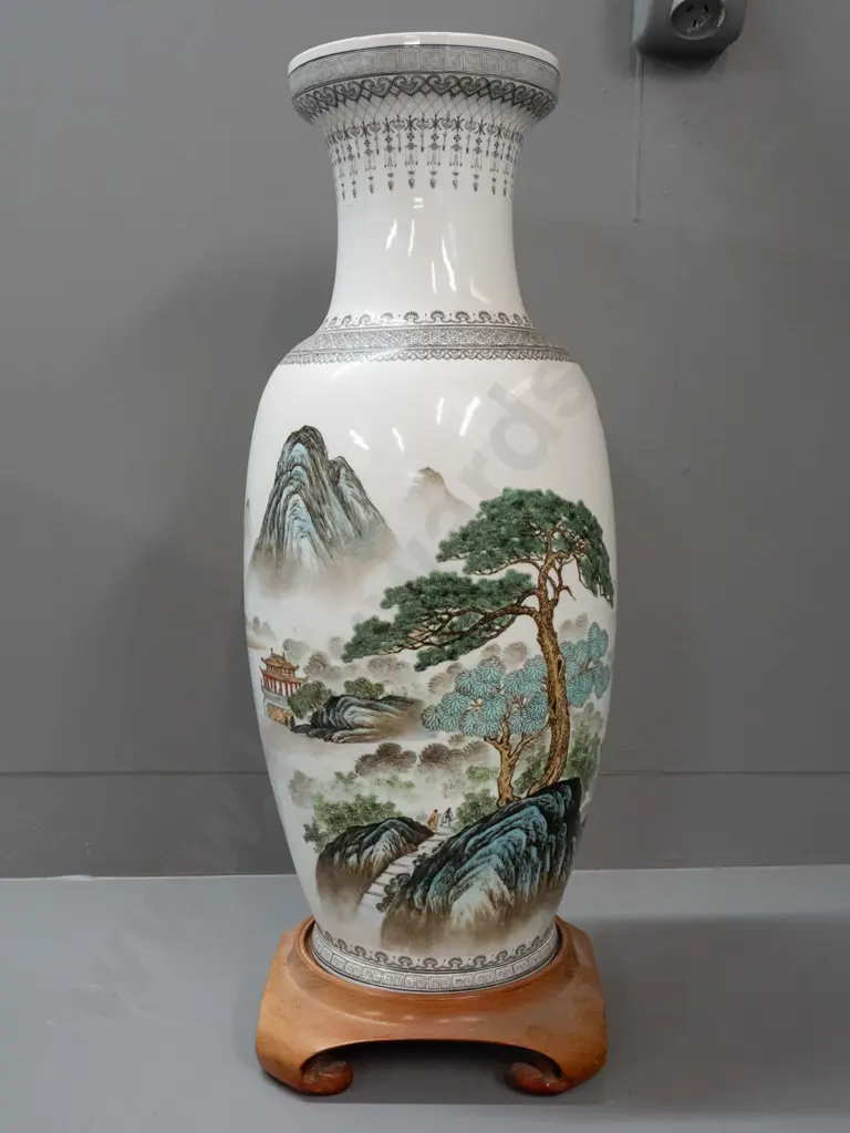 Chinese porcelain floor vase with carved timber stand - mountain landscape and pagoda motifs, timber stand sun-faded. Image 1++