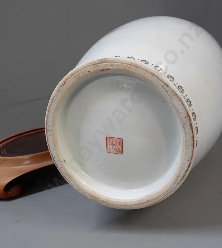 Chinese porcelain floor vase with carved timber stand - mountain landscape and pagoda motifs, timber stand sun-faded. Image 1++