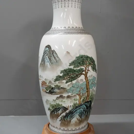 Chinese porcelain floor vase with carved timber stand - mountain landscape and pagoda motifs, timber stand sun-faded.