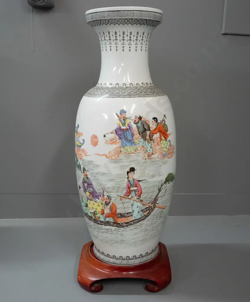 Chinese porcelain floor vase with carved timber stand - figural boat and cloud motifs. Some sun-fading to base Image 1++