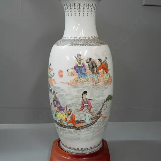 Chinese porcelain floor vase with carved timber stand - figural boat and cloud motifs. Some sun-fading to base