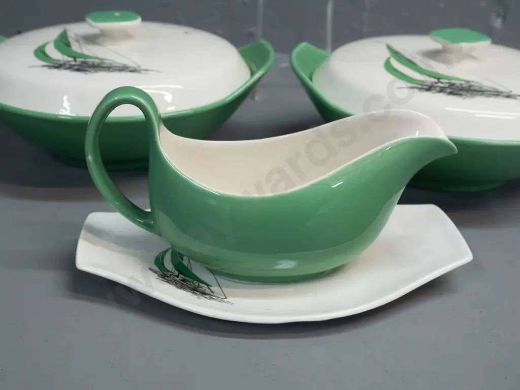 3 green Palissey Regatta items - 2 covered vegetable dishes and a gravy boat with saucer. Some crazing, small patches Image 1++