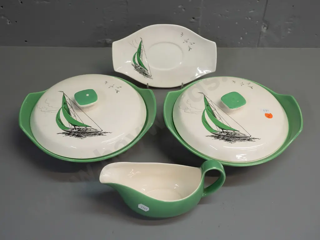 3 green Palissey Regatta items - 2 covered vegetable dishes and a gravy boat with saucer. Some crazing, small patches Image 1++