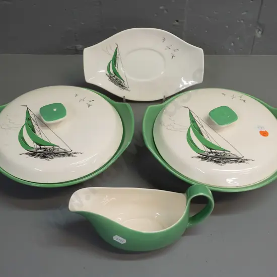 3 green Palissey Regatta items - 2 covered vegetable dishes and a gravy boat with saucer. Some crazing, small patches