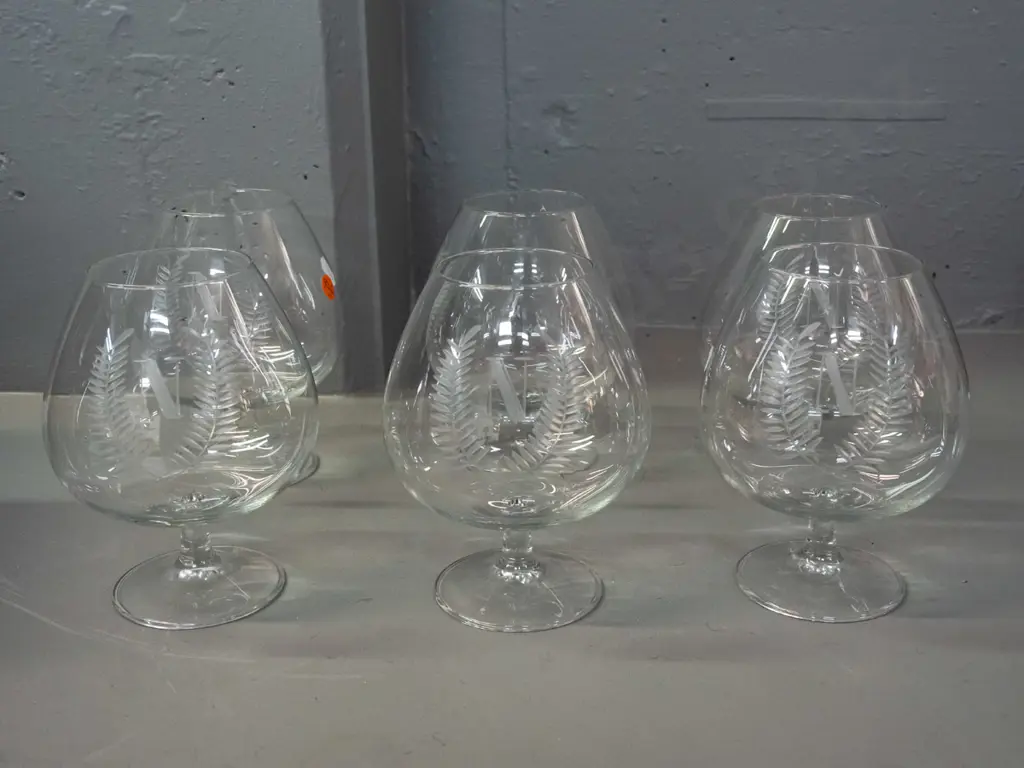 6 etched glass brandy balloons with "N" monogram and laurel motifs H-160 Image 1++